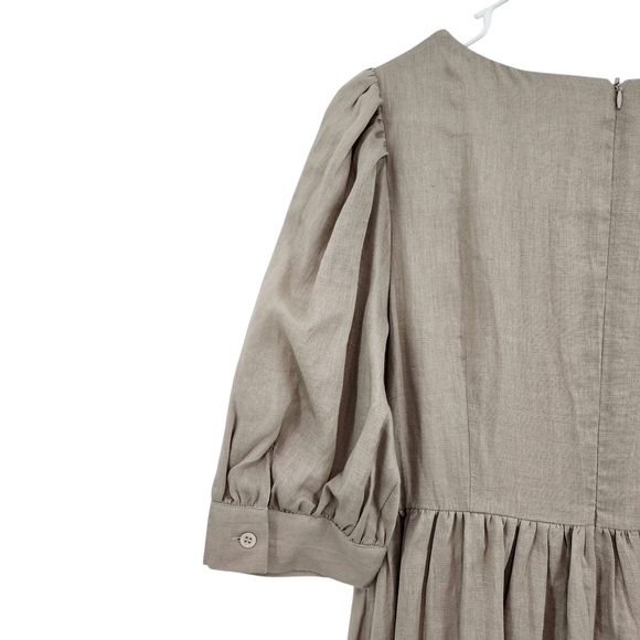 Hirsch + Timber Women's 100% Linen Puff Sleeves Tan Midi Lagenlook Dress - Picture 3 of 9